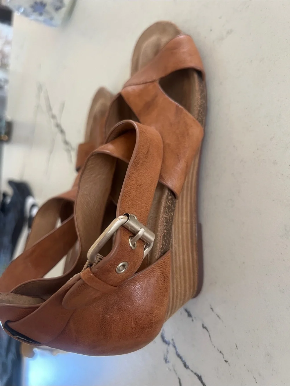 Sofft Vera Luggage Oyster Leather Crisscross Wedge Sandals. Size 8. Very cute!